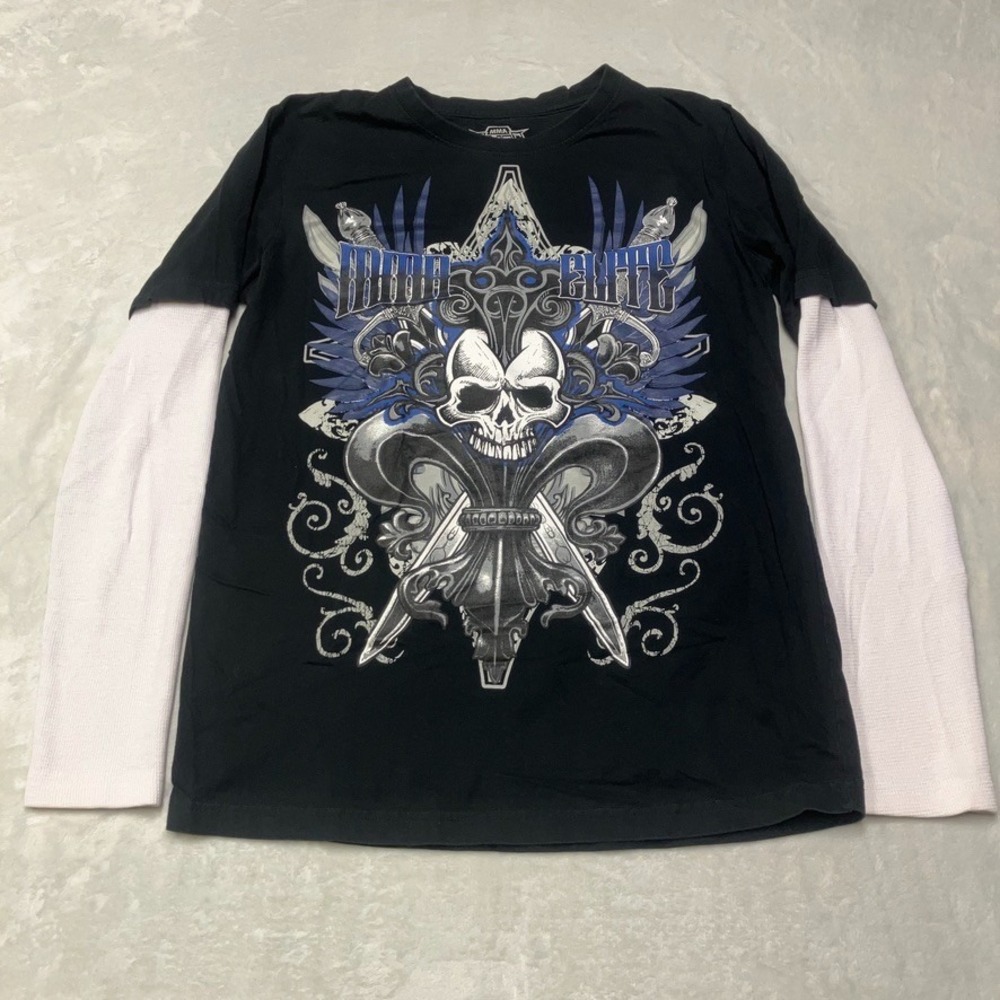 Y2K MMA Elite Twofer Layered Thermal‎ Long Sleeve Shirt Men's M Skull Graphic